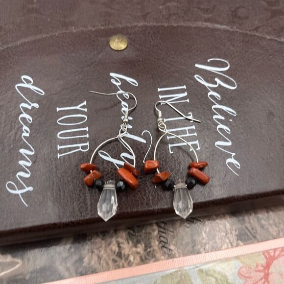 Vintage Red Jasper Beaded Teardrop Hoop Earrings - Picture 3 of 6